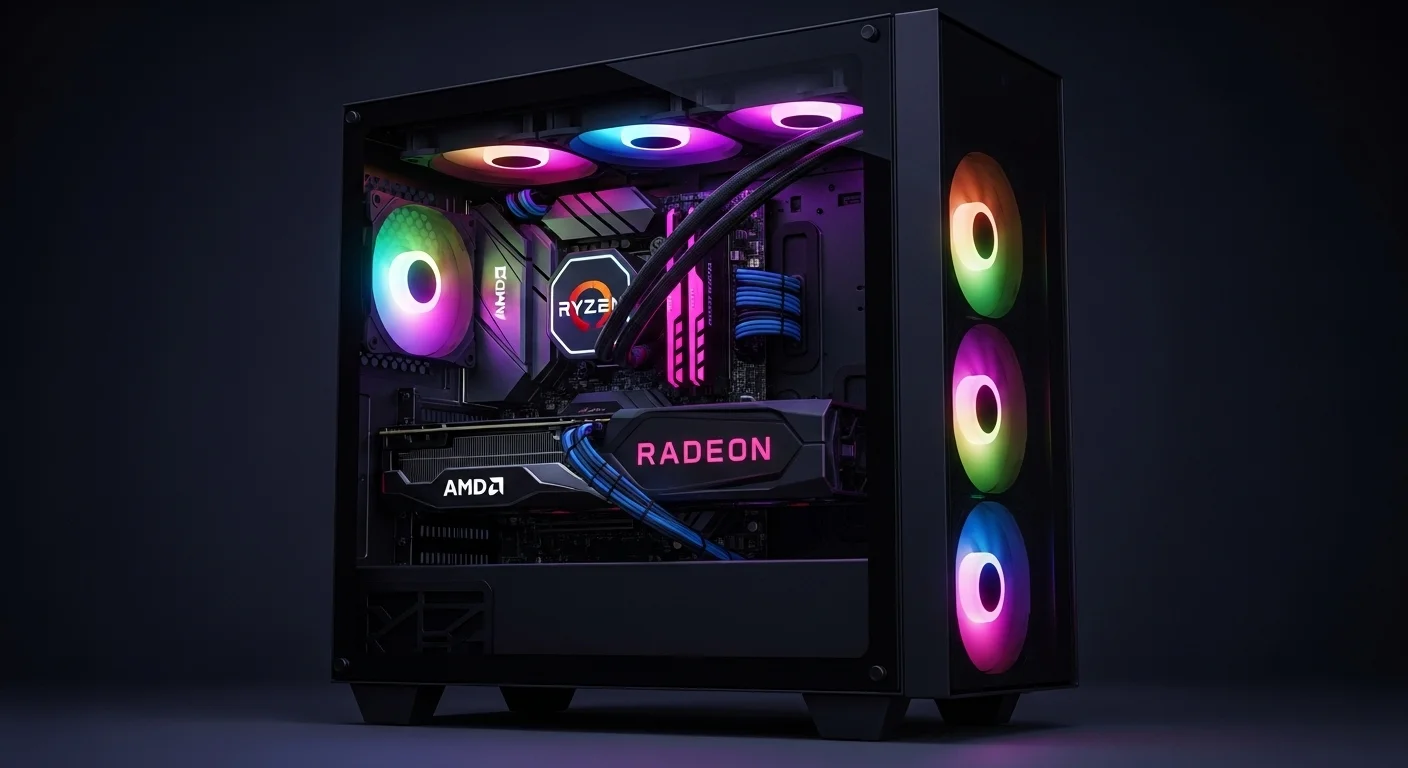 Una computadora de escritorio para gaming con iluminación RGB mostrando los logos de AMD Ryzen y Radeon en su interior, simbolizando el poder de las computadoras Amd.
