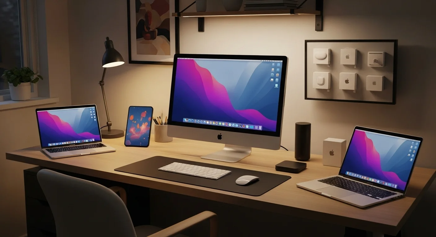 Escritorio de trabajo moderno con varias computadoras y accesorios de Apple, incluyendo un iMac y un MacBook.