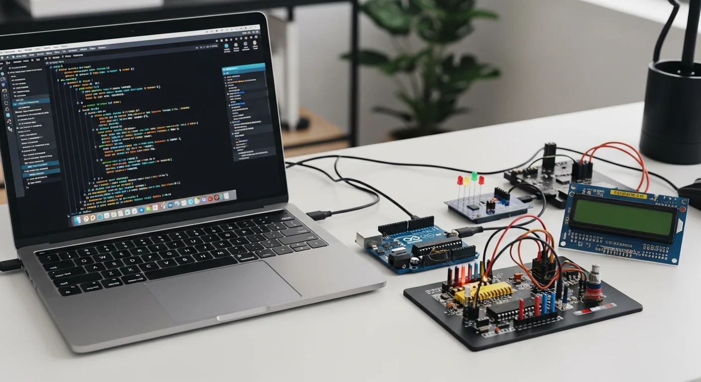 Una configuración de trabajo con una laptop mostrando código, una placa Arduino Uno conectada y varios componentes electrónicos como LEDs y una pantalla LCD sobre un escritorio.