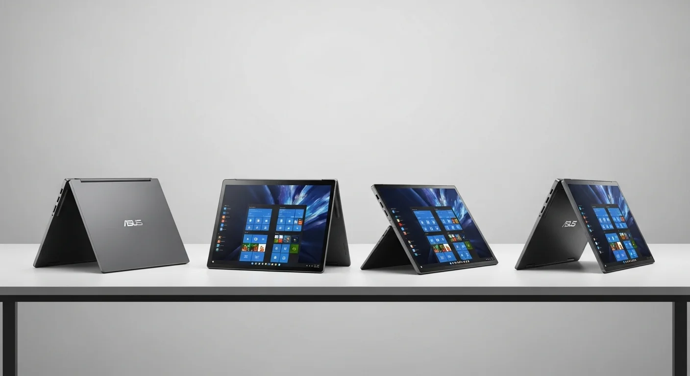 Una computadora Asus Flip mostrada en sus cuatro modos: laptop, tablet, carpa y stand, sobre un escritorio de oficina moderno.