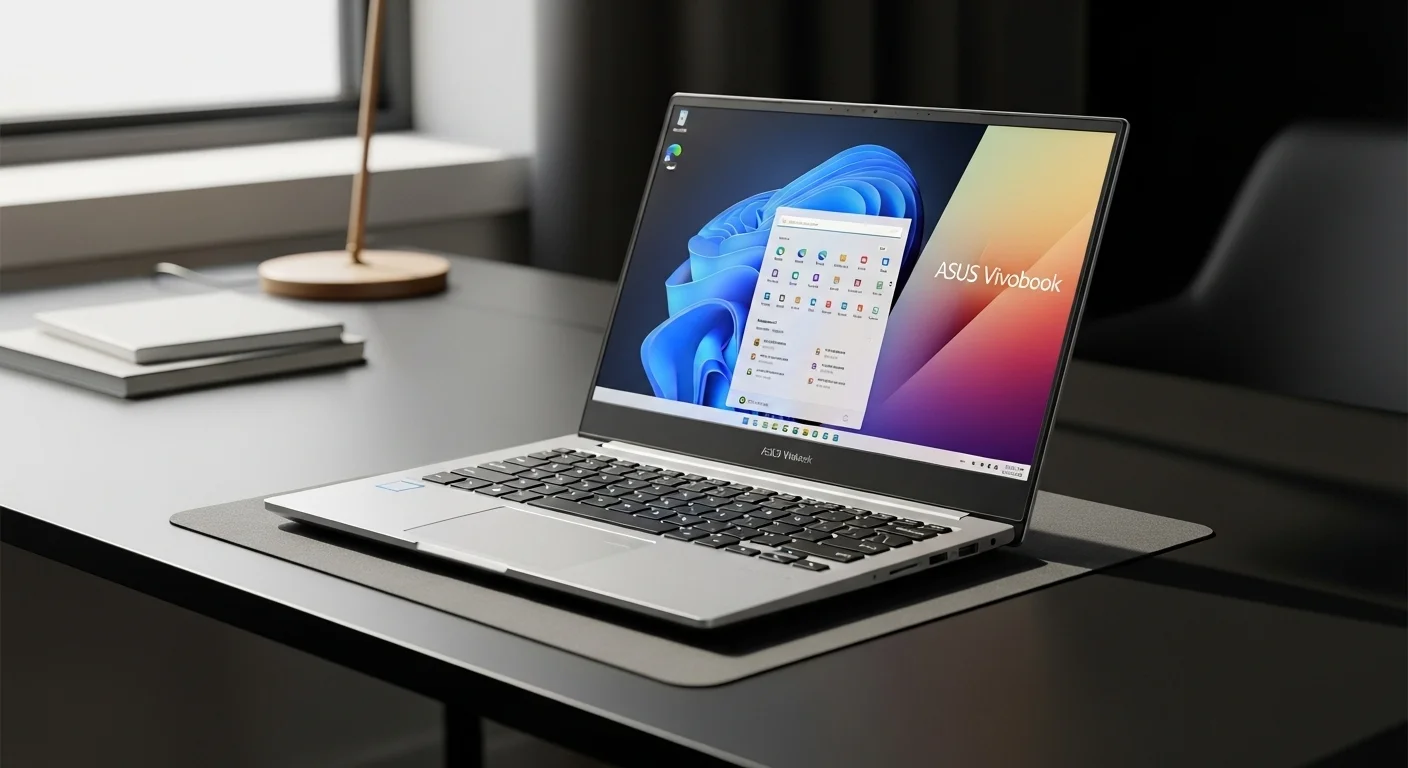 Una laptop Asus i5 de la serie Vivobook abierta sobre un escritorio moderno, mostrando su pantalla colorida y su teclado ergonómico, representando la tecnología y las computadoras.