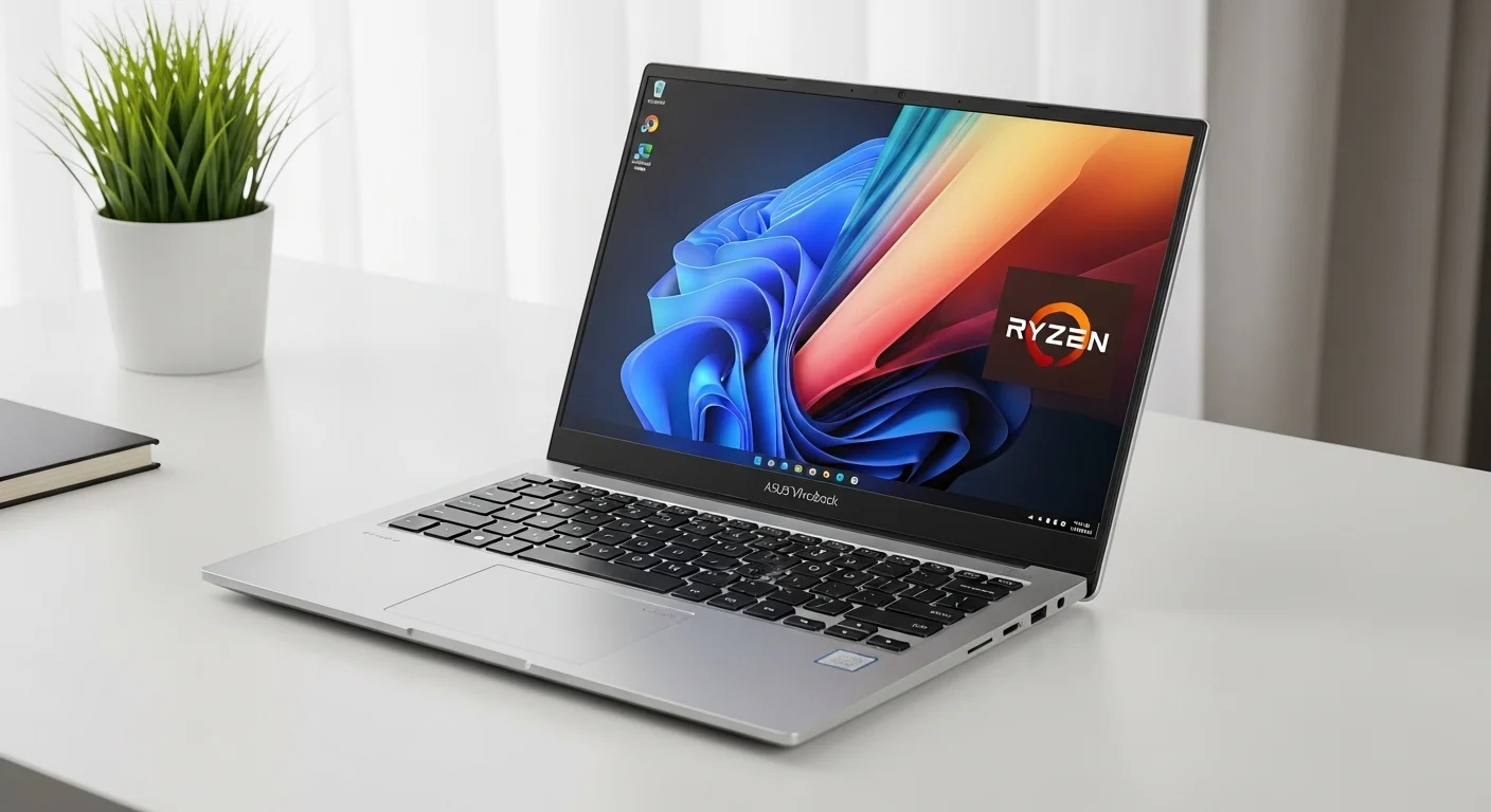 Una laptop Asus Vivobook con procesador Ryzen abierta sobre un escritorio moderno, mostrando su diseño elegante y pantalla brillante.