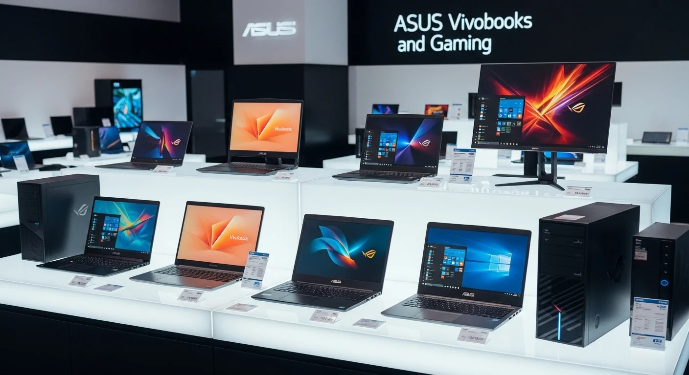 Una selección de computadoras y laptops Asus en una exhibición, mostrando la diversidad de la línea de productos, desde Vivobooks hasta modelos de gaming.