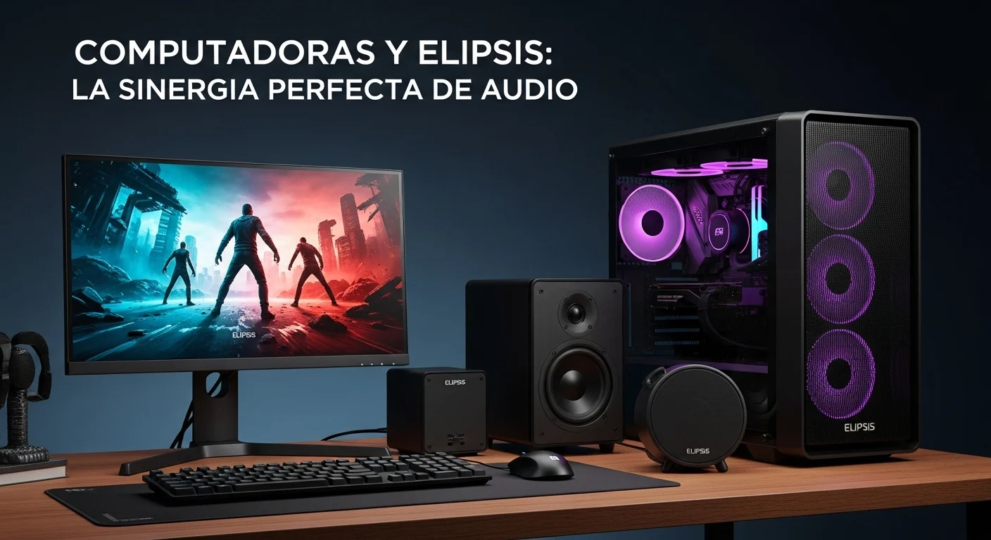 Setup de computadora de alto rendimiento con bocinas y bajos Elipsis, destacando la sinergia entre tecnología y audio profesional