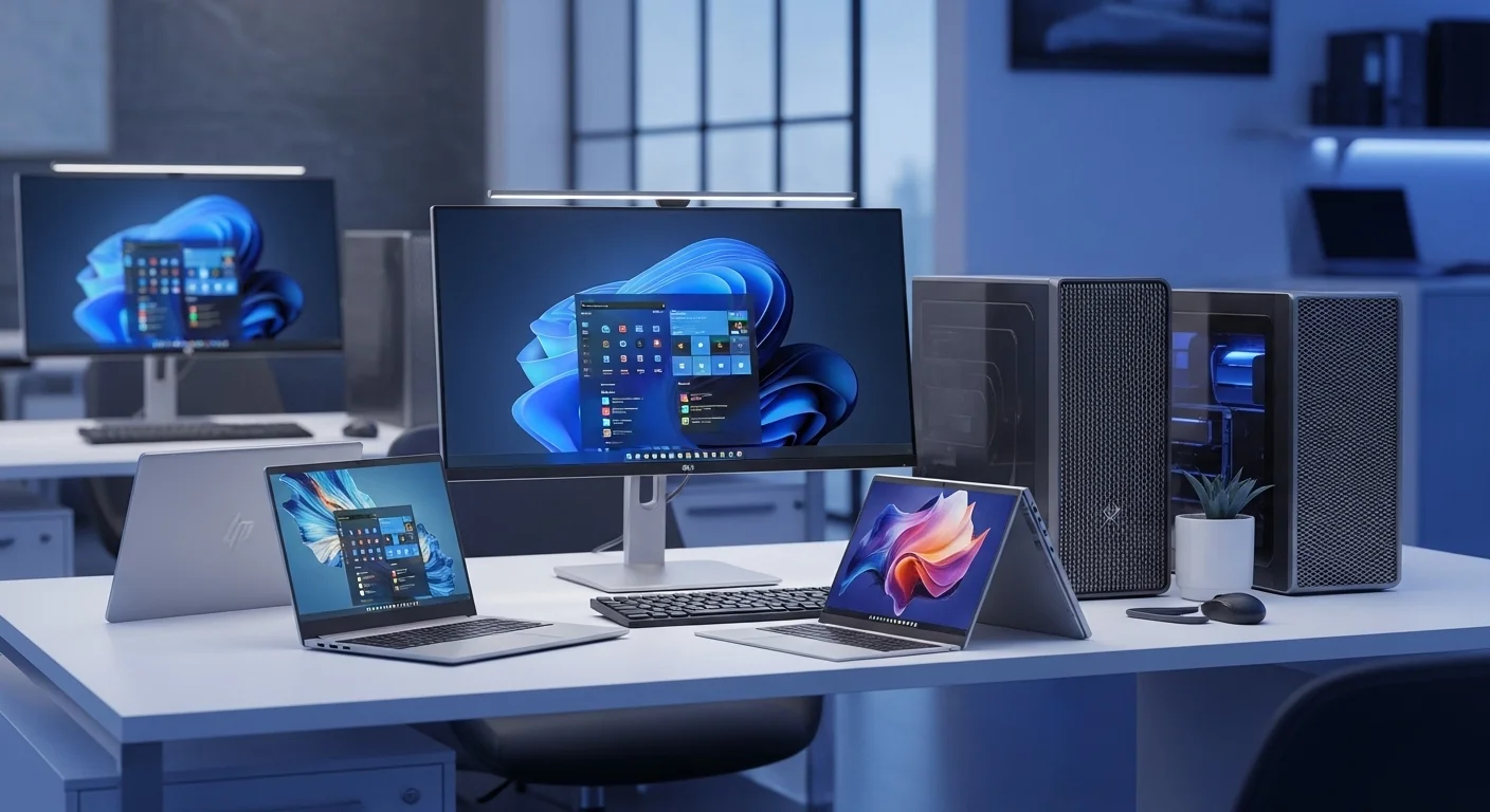 Una selección de computadoras y laptops baratas y buenas sobre un escritorio de oficina moderno, mostrando diversidad de opciones.
