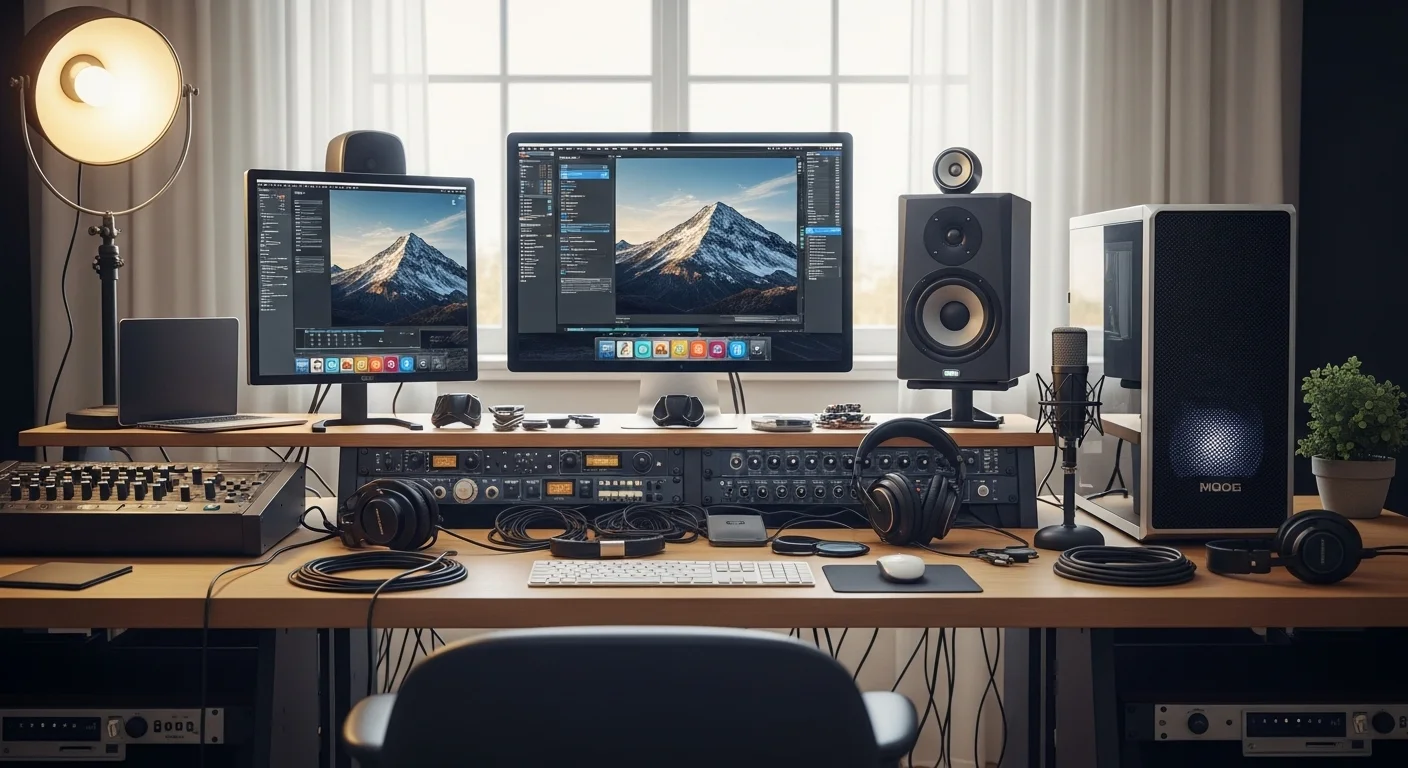Configuración de estudio con computadoras de alto rendimiento y bocinas profesionales para producción de audio