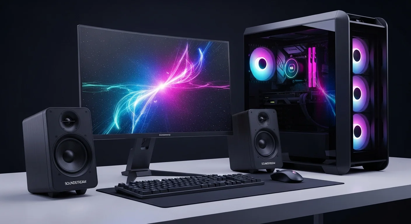 Setup de computadoras con bocinas Soundstream de alta fidelidad para gaming y productividad.