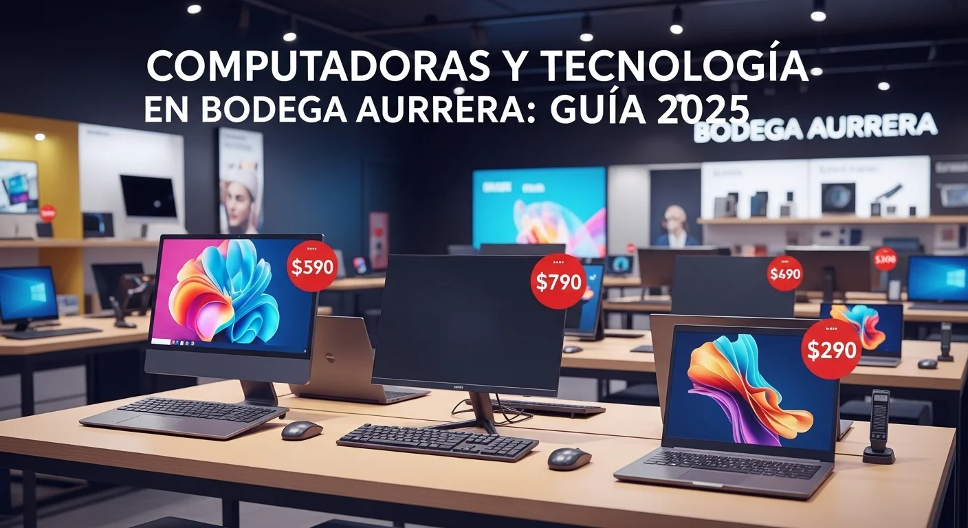 Una selección de computadoras y laptops en exhibición en una tienda Bodega Aurrera, con etiquetas de precios visibles.