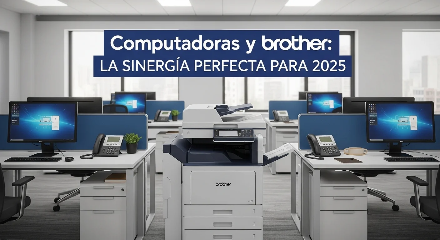Una oficina moderna con varias computadoras y una impresora Brother multifuncional en el centro, mostrando la conectividad y el flujo de trabajo.
