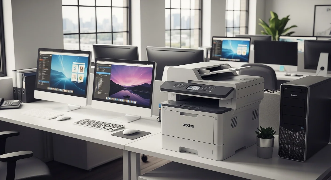 Una impresora Brother HL junto a varias computadoras en un entorno de oficina moderno y tecnológico.