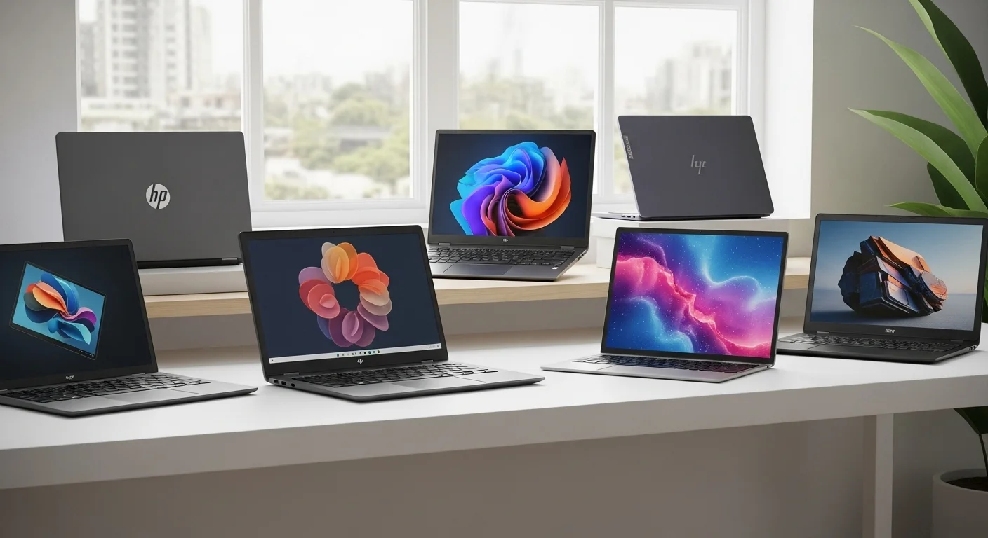 Varias computadoras Chromebook de diferentes marcas como HP, Lenovo y Acer en un escritorio moderno.