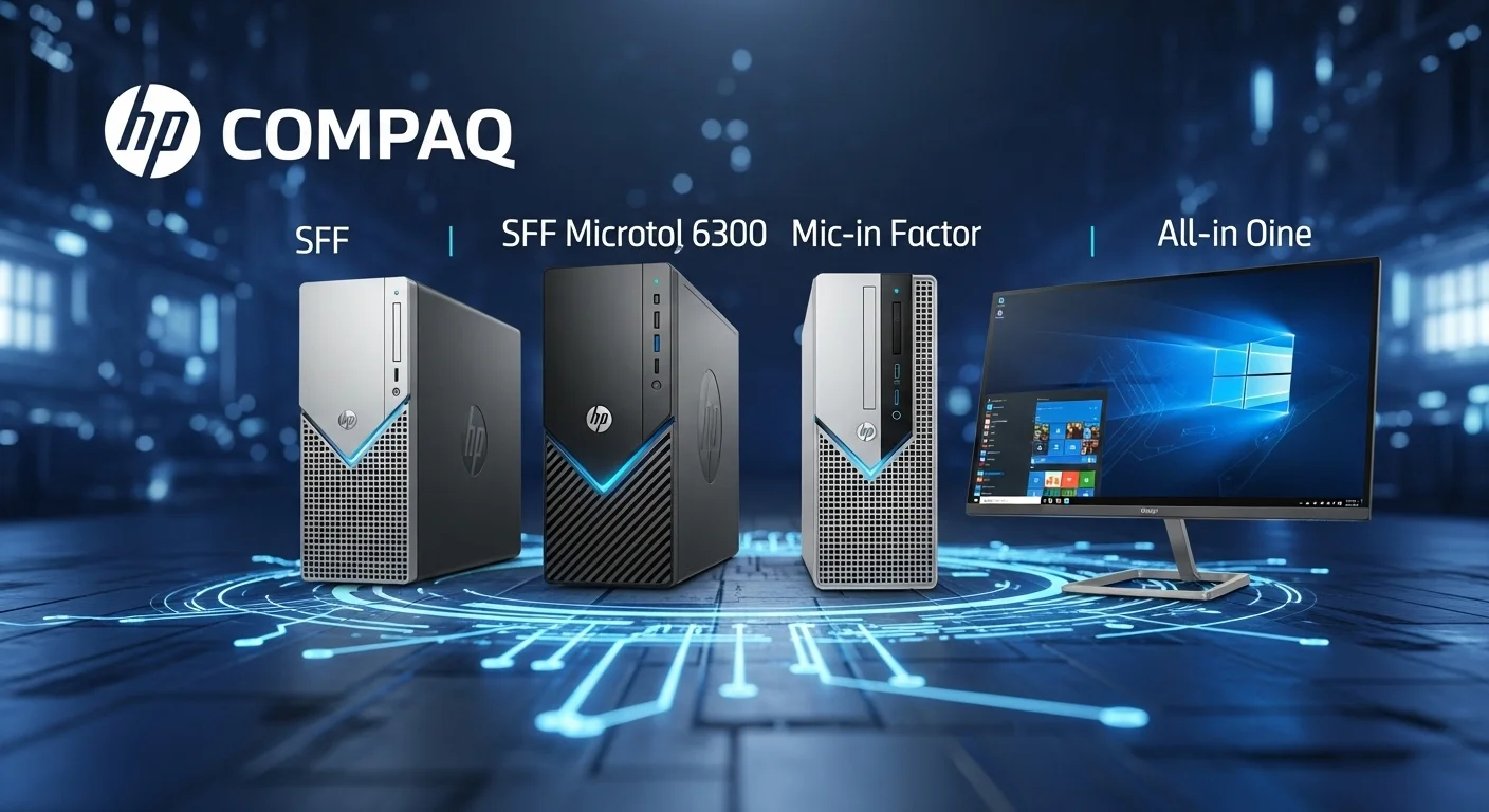 Tres computadoras de la serie HP Compaq 6300, incluyendo el modelo SFF, Microtorre y All-in-One, sobre un fondo tecnológico.