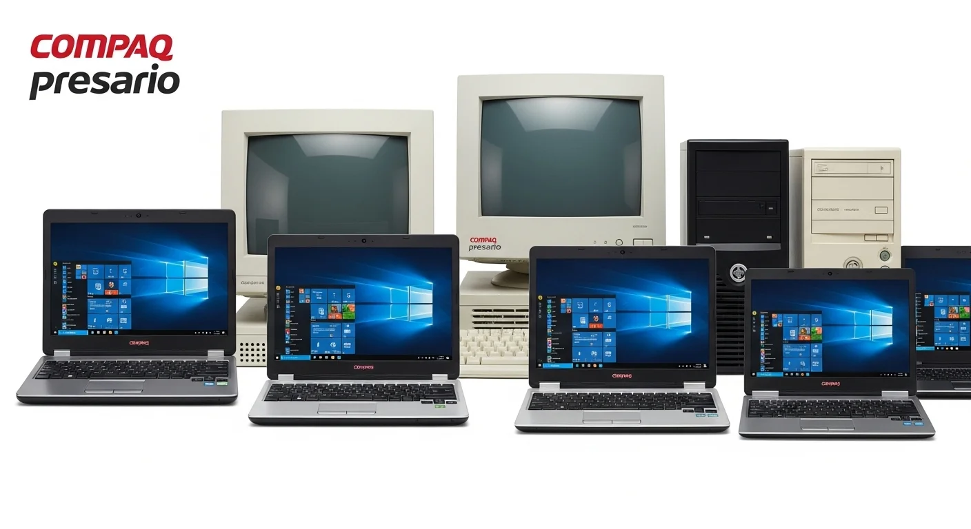 Una composición de varias computadoras y laptops de la icónica serie Compaq Presario, mostrando su evolución en el diseño a lo largo de los años.