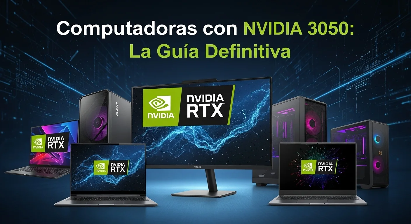 Varias computadoras y laptops de diferentes marcas mostrando logotipos de NVIDIA RTX 3050 en sus pantallas y chasis, sobre un fondo tecnológico.