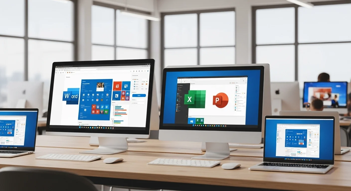 Varias computadoras y laptops mostrando las aplicaciones de Microsoft Office como Word, Excel y PowerPoint, simbolizando productividad y trabajo en equipo.