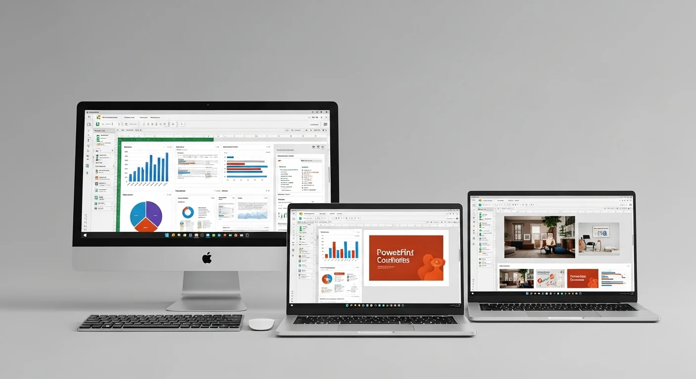 Tres computadoras modernas, una de escritorio y dos laptops, mostrando la interfaz de Microsoft Office 2025 en sus pantallas, con gráficos de Excel y una presentación de PowerPoint.