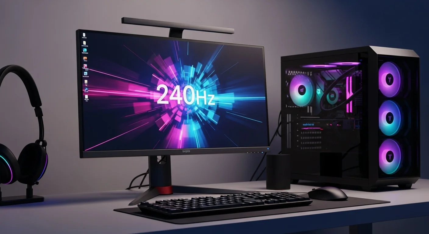 Estación de computadoras de gaming con un monitor iluminado mostrando gráficos de alta velocidad, simbolizando la tecnología de 240hz.