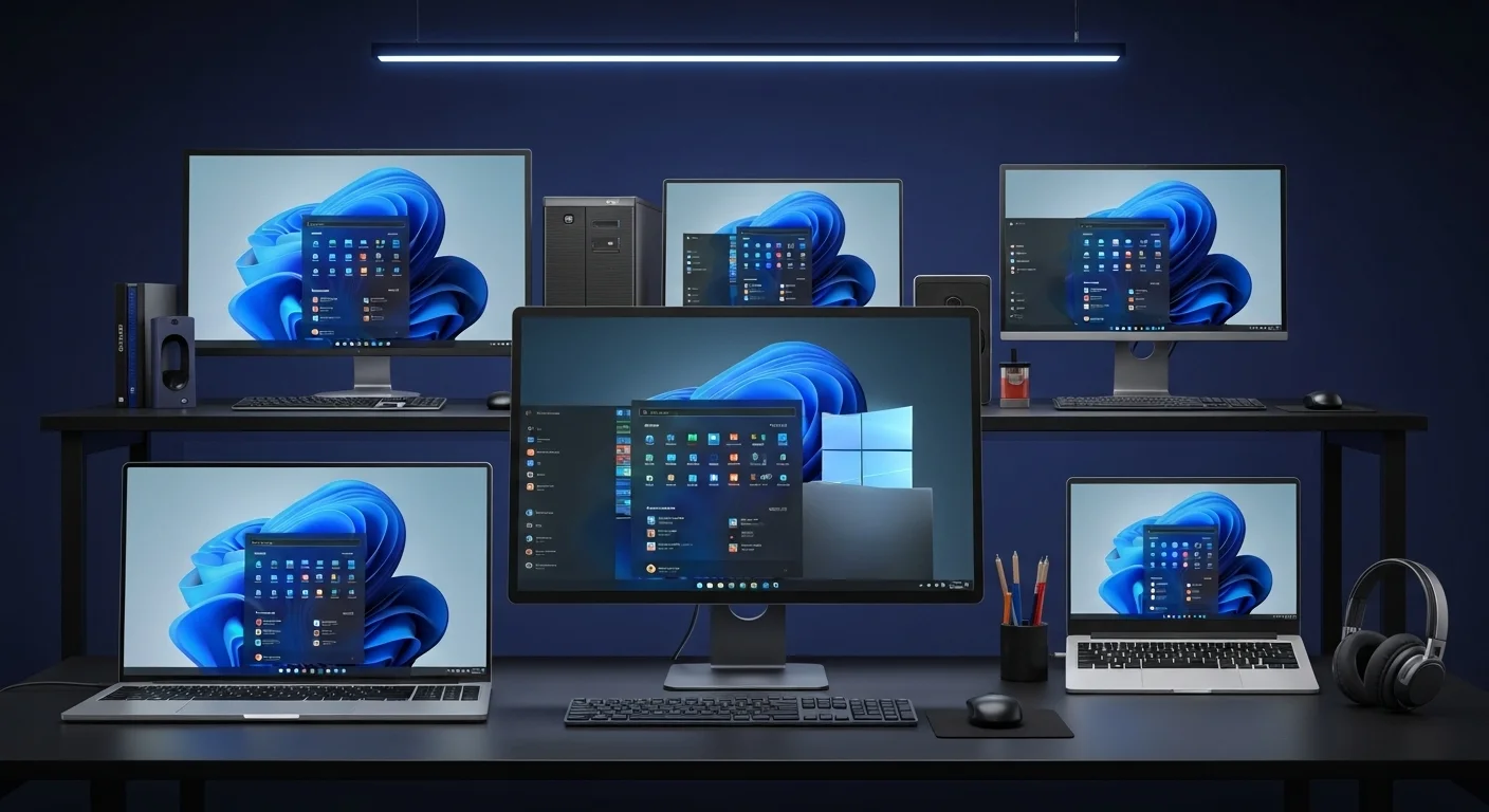 Varias computadoras y laptops modernas mostrando la interfaz de Windows 11 en un entorno de oficina.