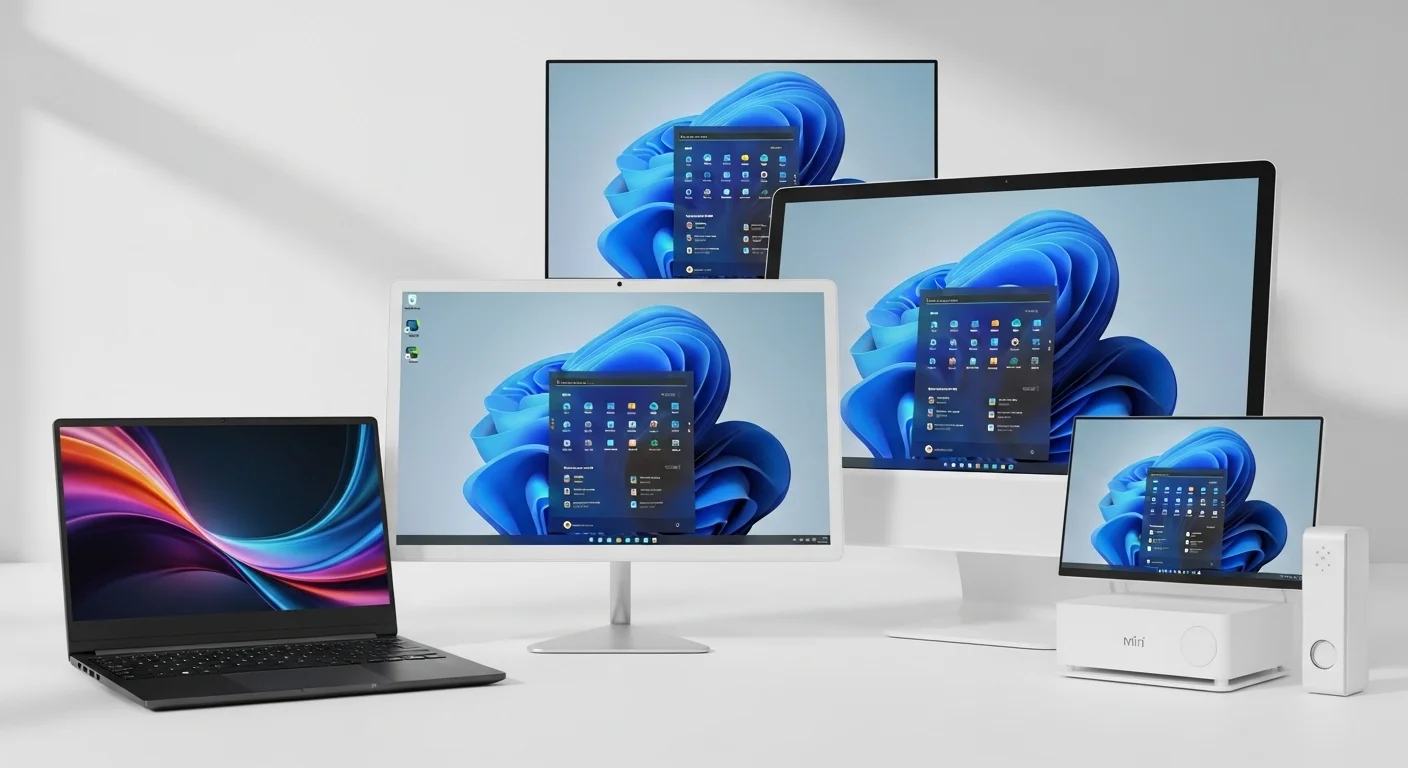 Varias computadoras modernas, incluyendo una laptop, un All-in-One y una mini PC, mostrando la interfaz de Windows 11 en sus pantallas.