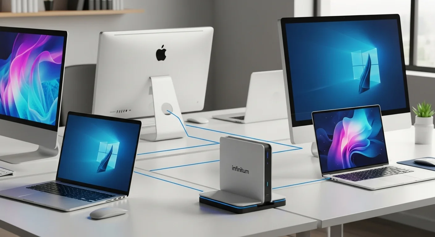 Varias computadoras y laptops conectadas a una red de alta velocidad a través de un modem router Infinitum, mostrando un entorno de trabajo moderno.