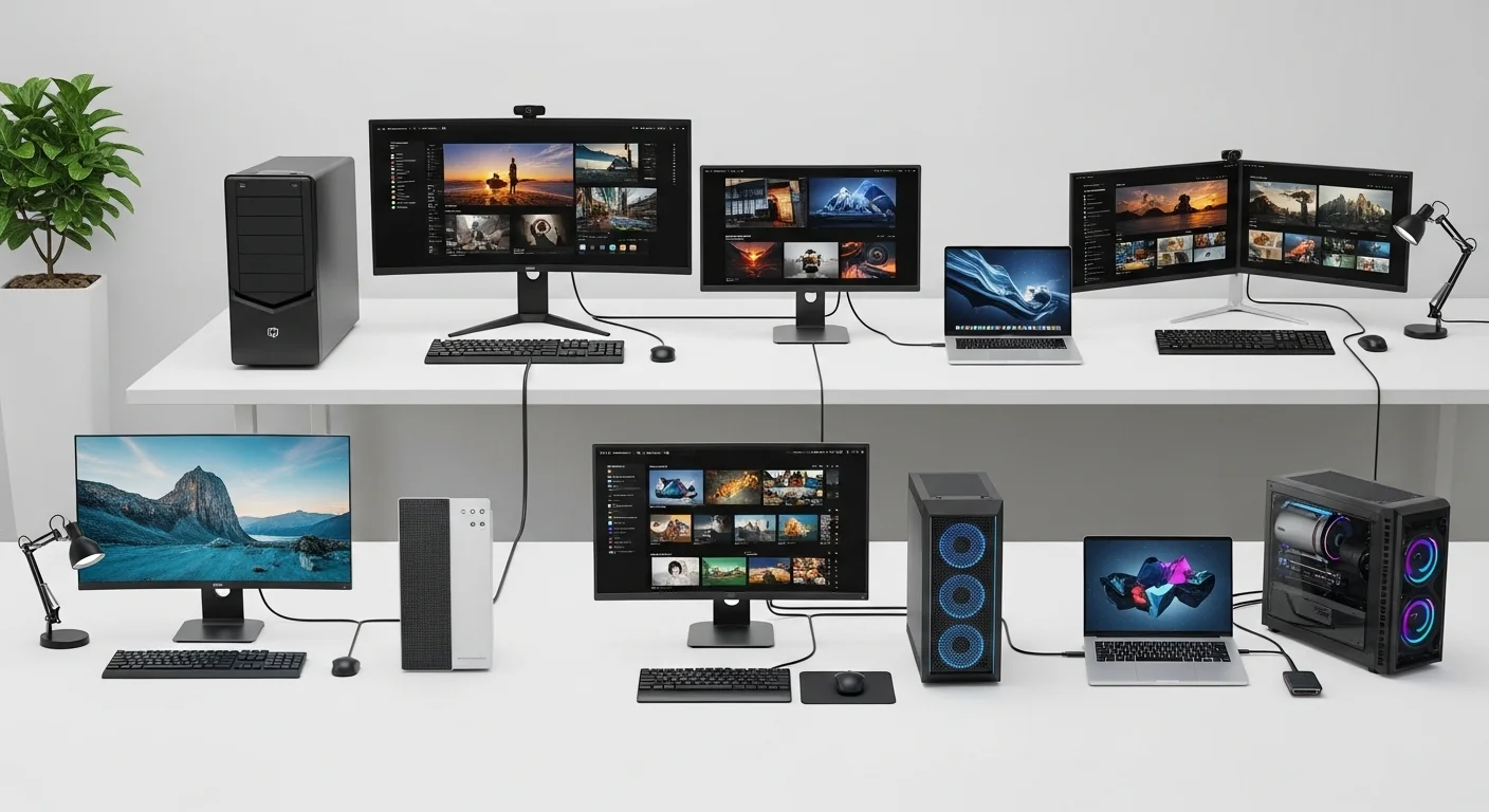 Varias computadoras y laptops conectadas a monitores de alta definición utilizando cables HDMI, mostrando la versatilidad de la conexión en un entorno de oficina moderno.