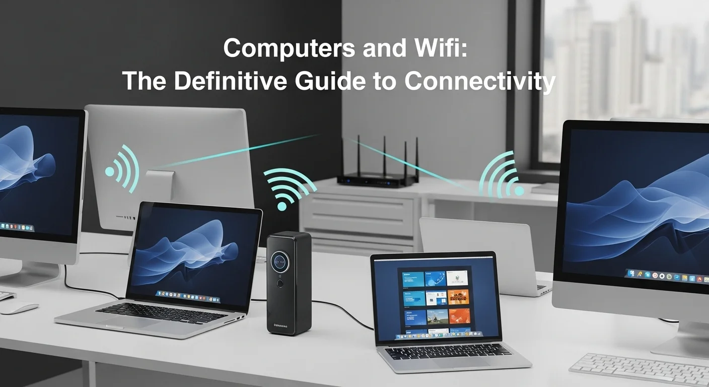 Varias computadoras y laptops conectadas a una red Wifi en una oficina moderna, con un router visible en el fondo.