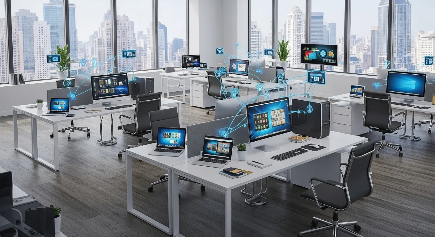 Oficina moderna con múltiples computadoras y laptops conectadas a una red de alta velocidad, simbolizando el internet ilimitado.