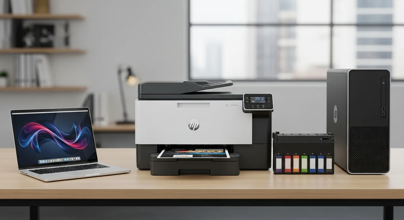 Impresora de sistema continua HP Smart Tank junto a una laptop y una computadora de escritorio en un entorno de oficina moderno y luminoso.