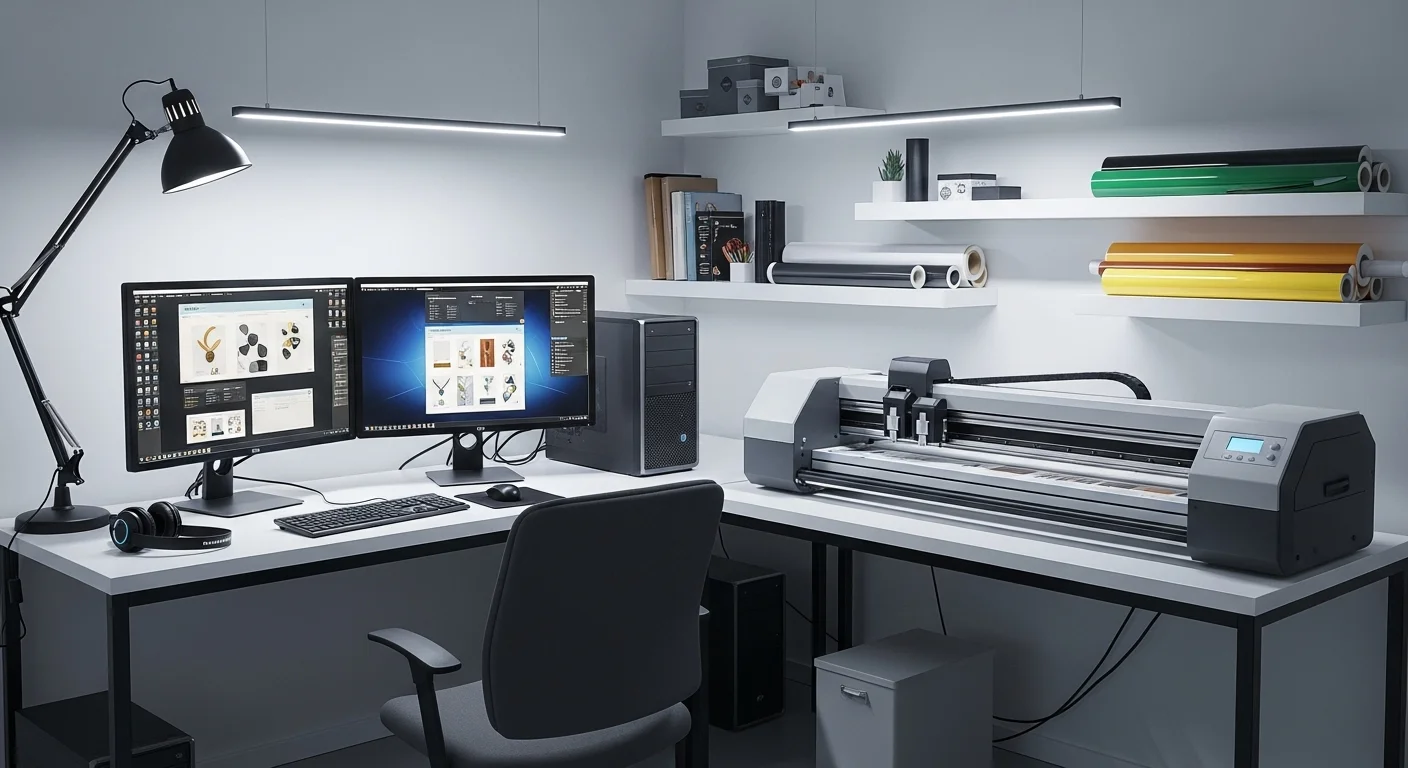 Una estación de trabajo moderna con computadoras de alto rendimiento controlando un plotter de corte vinilo profesional en un taller de diseño gráfico.