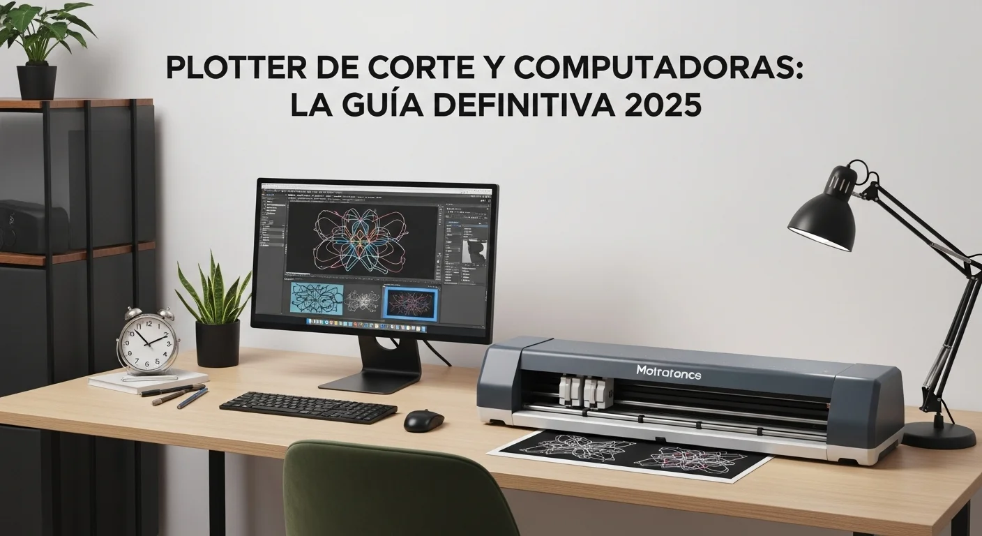 Una moderna computadora de escritorio con software de diseño controlando un plotter de corte profesional en un taller.