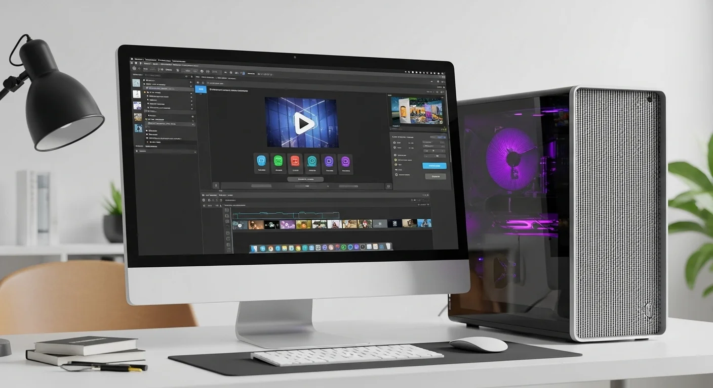 Una computadora de alto rendimiento en un escritorio moderno, mostrando un software de conversión de video en la pantalla.
