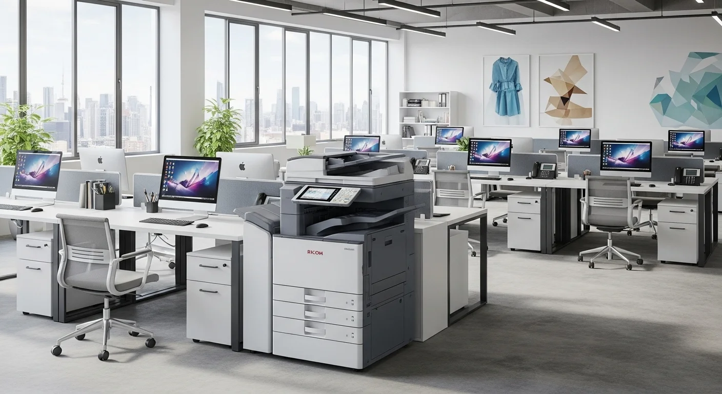 Una oficina moderna con computadoras en los escritorios y una copiadora multifuncional Ricoh en un lugar central, mostrando la sinergia tecnológica.