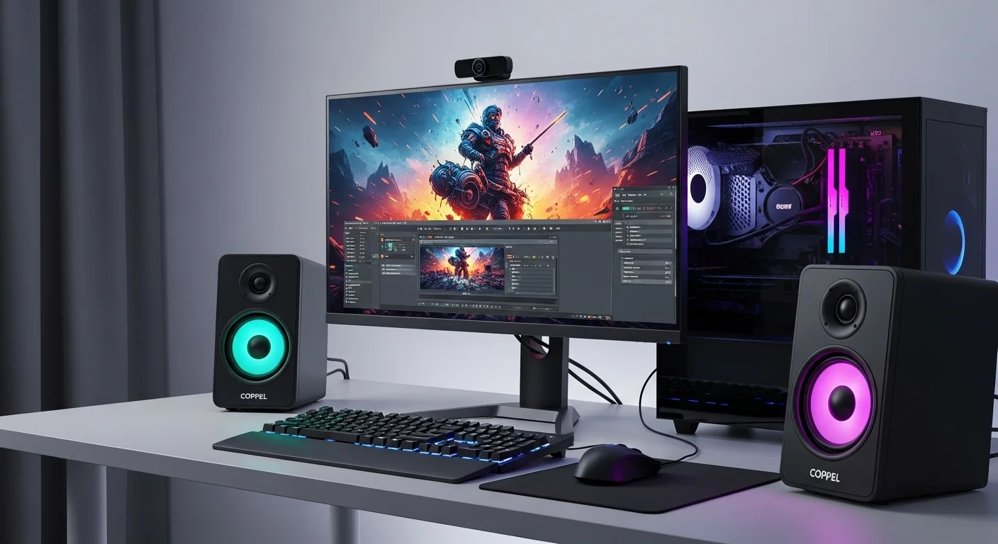 Setup moderno de computadoras con un par de Coppel Bocinas iluminadas con RGB, mostrando un ambiente de gaming y trabajo.