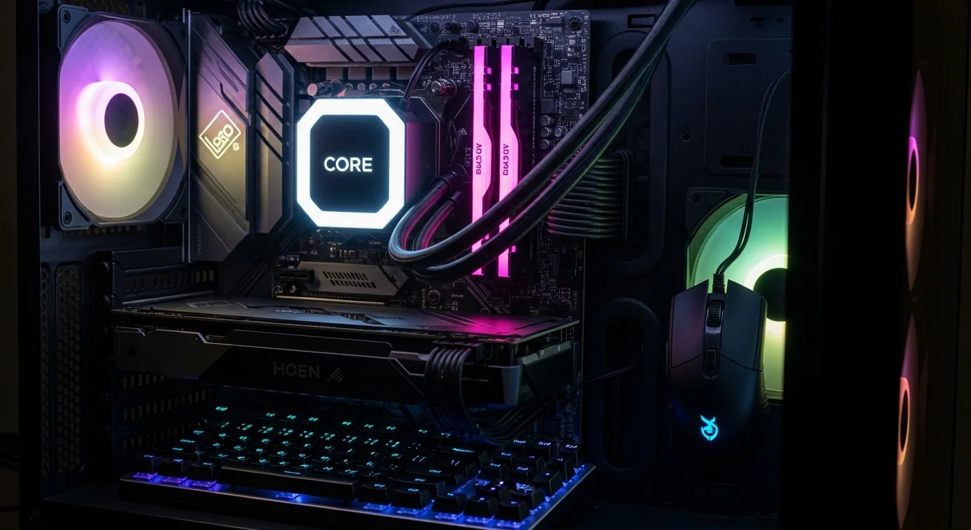Una imagen moderna que muestra el interior de una computadora de alto rendimiento, destacando el procesador (CPU) con la palabra 'Core' iluminada, rodeado de periféricos como un ratón y un teclado gamer.