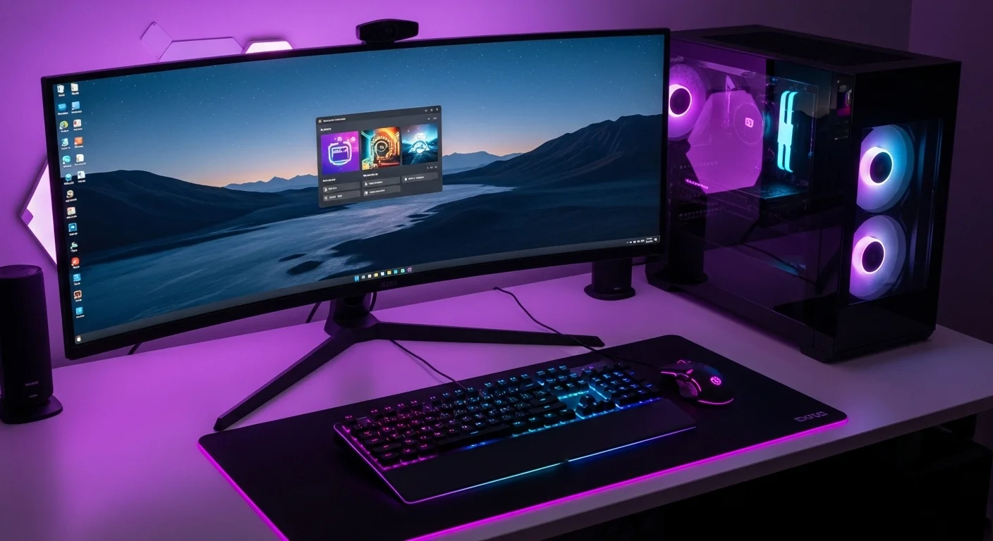 Una configuración moderna de computadoras de escritorio con iluminación RGB, monitor ultrapanorámico y periféricos de alta gama en un escritorio de computadora limpio y organizado.