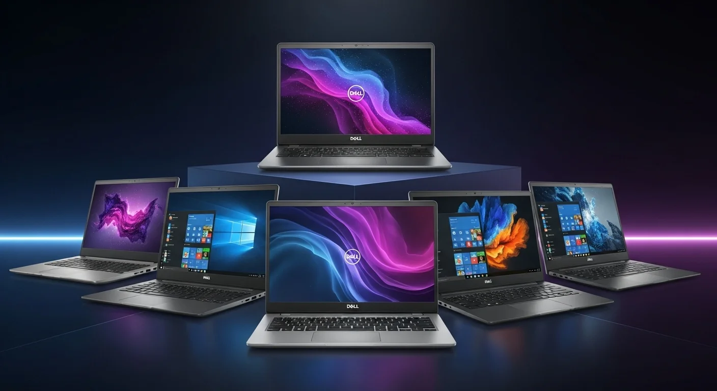 Una composición de varias computadoras portátiles Dell 14 de las series Inspiron, Vostro y Latitude sobre un fondo tecnológico.