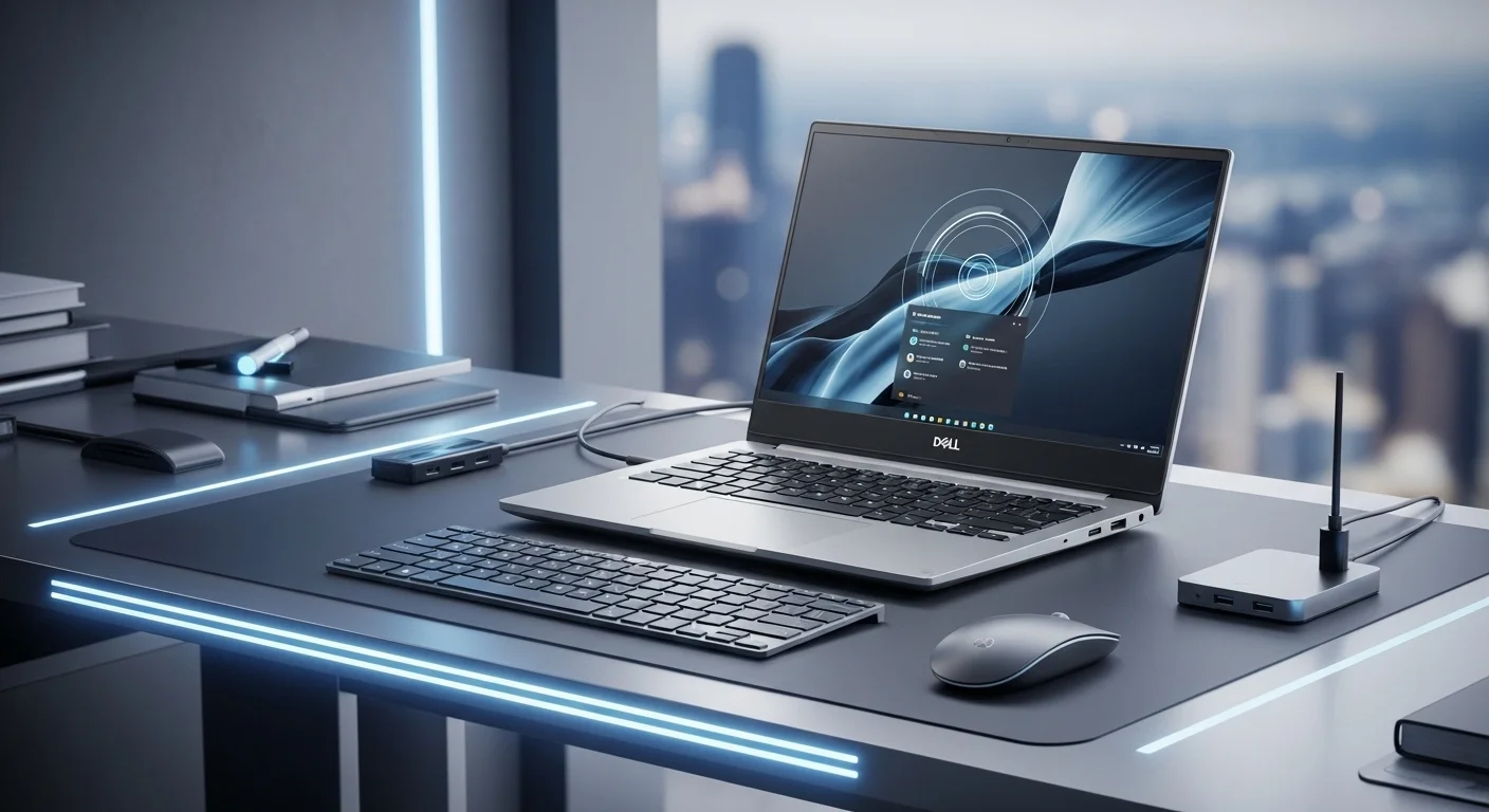 Una laptop Dell 15 moderna de la serie Inspiron, mostrando su diseño elegante y pantalla brillante, sobre un escritorio tecnológico con accesorios.