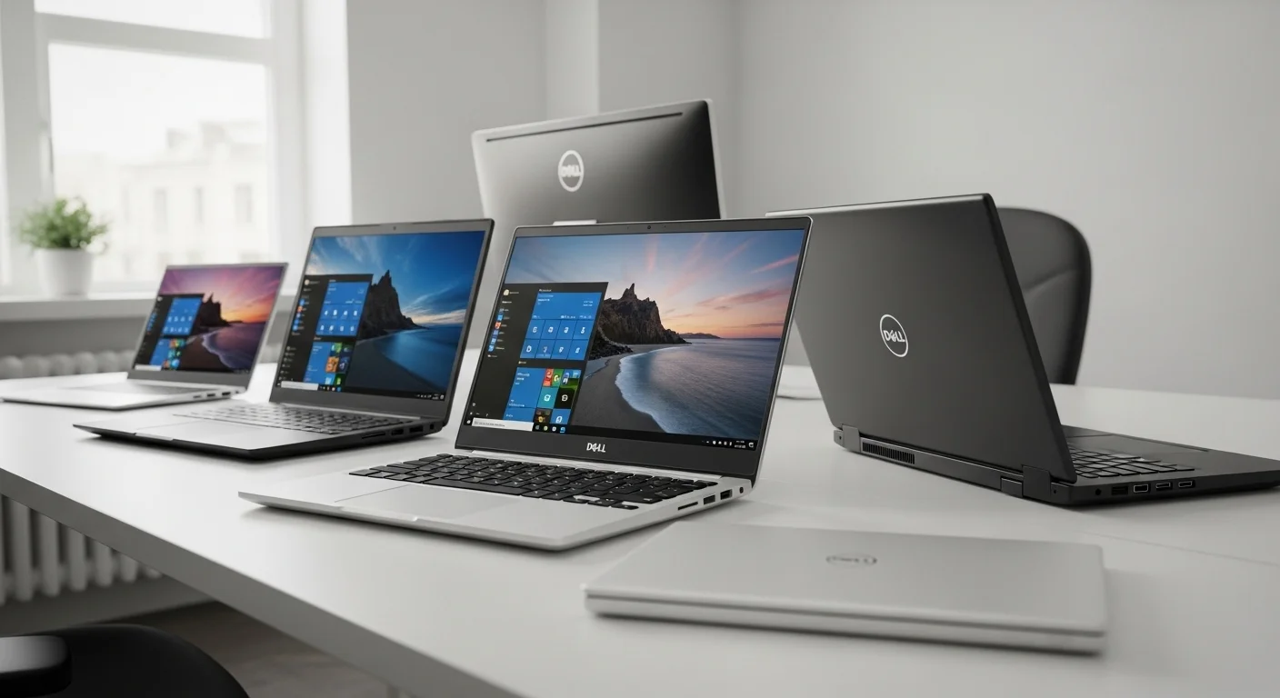 Varias computadoras portátiles Dell 17, incluyendo un Dell XPS 17 y un Dell Inspiron 17, sobre un escritorio de oficina moderno