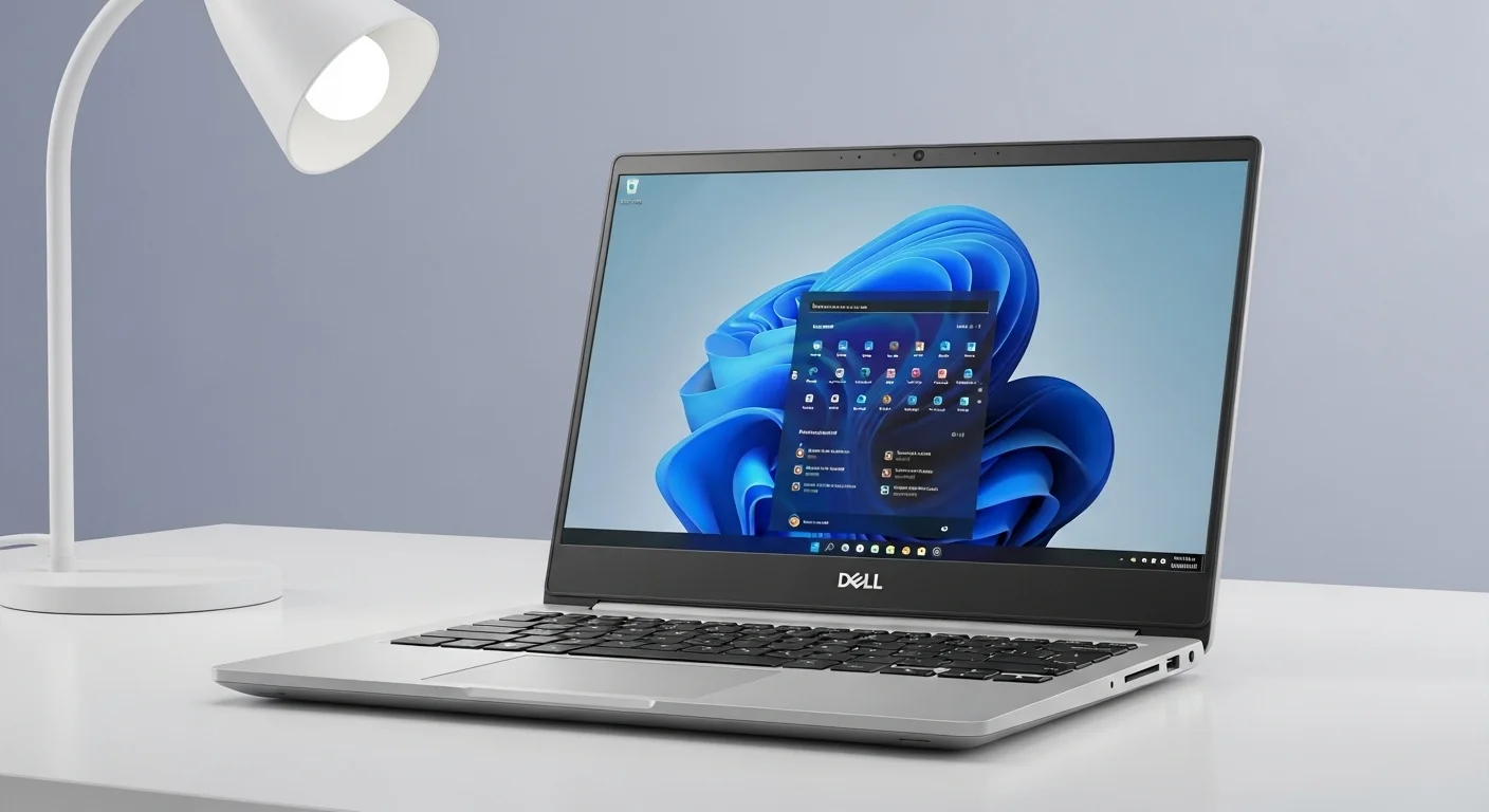 Laptop Dell 3510 sobre un escritorio de oficina moderno, mostrando su diseño y pantalla.