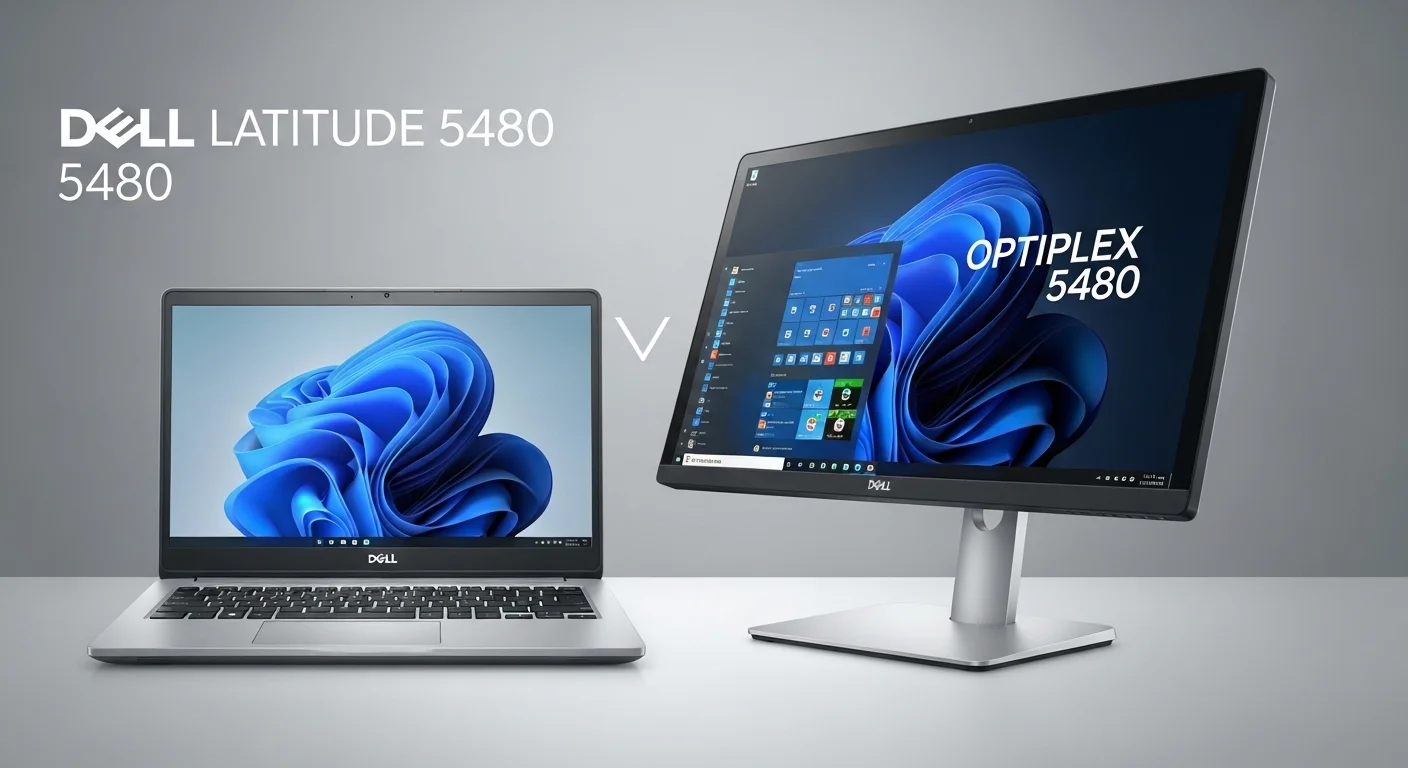 Una imagen mostrando lado a lado una laptop Dell Latitude 5480 y una computadora todo en uno Dell OptiPlex 5480, representando la versatilidad de las computadoras 5480