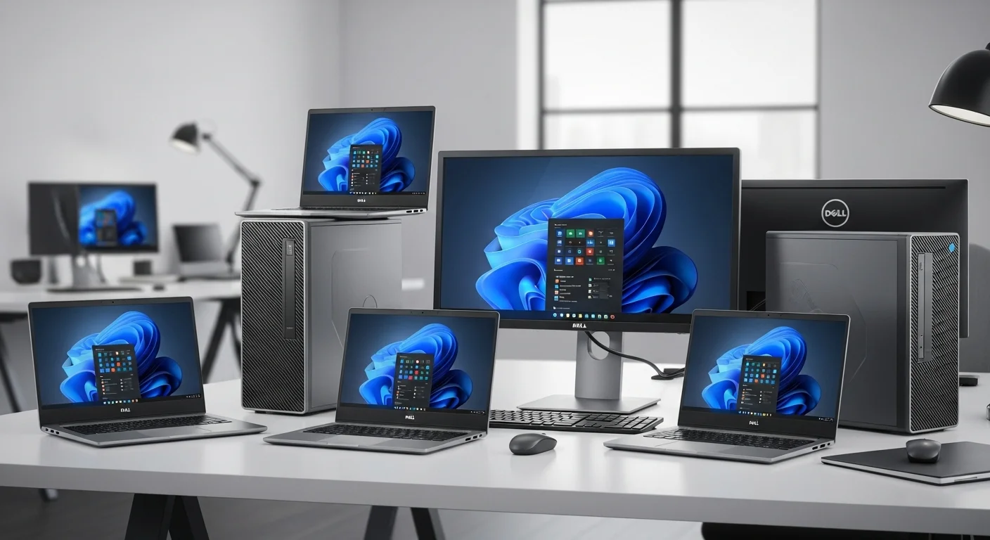 Una composición de varias computadoras y laptops Dell de última generación en un entorno de oficina moderno y tecnológico.