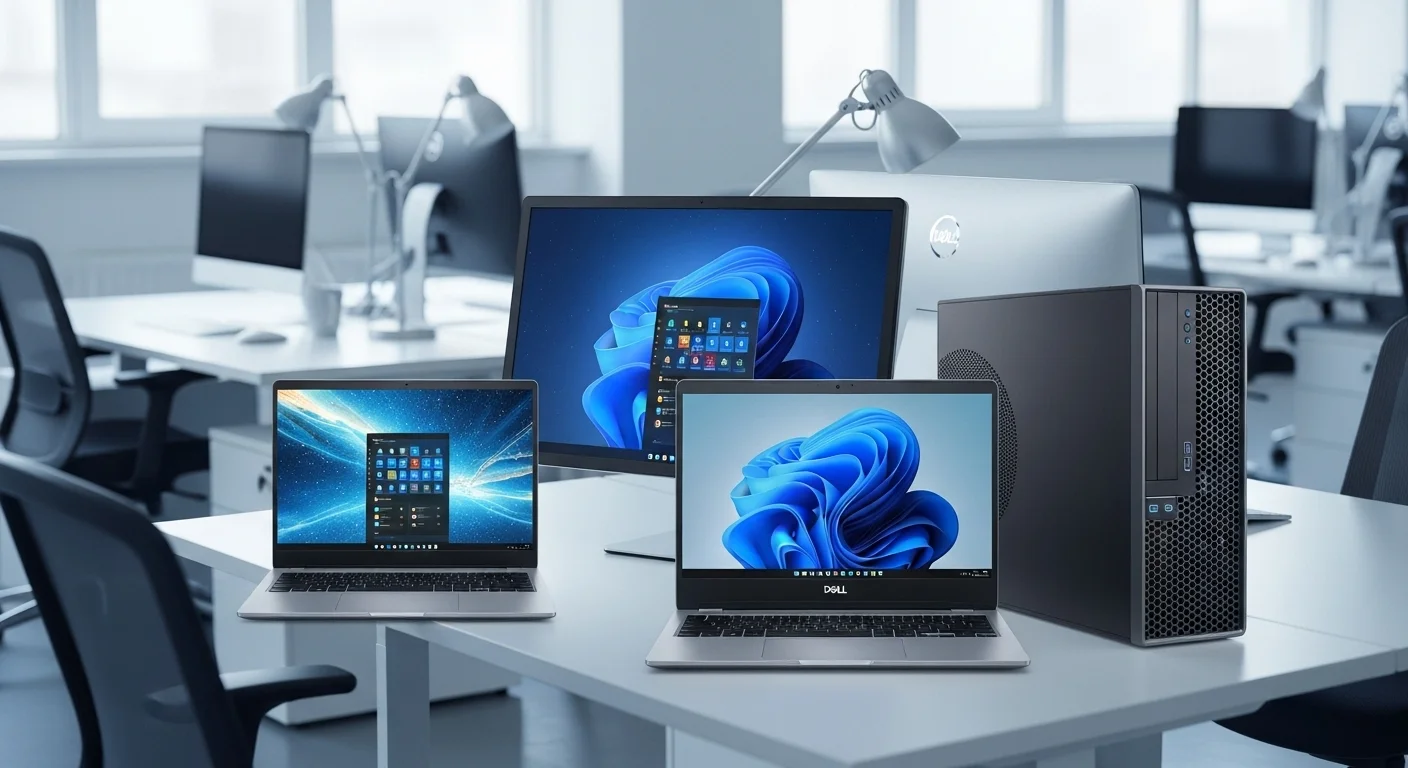 Varias computadoras Dell i5, incluyendo una laptop y una PC de escritorio, en un entorno de oficina moderno y luminoso.