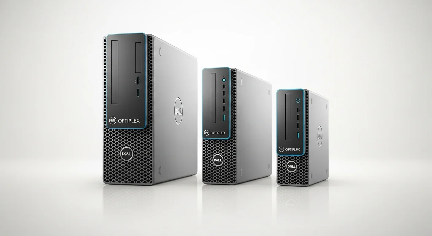 Tres computadoras de escritorio Dell Optiplex de diferentes tamaños, torre, SFF y micro, mostrando la versatilidad de la línea de computadoras Dell I5 Optiplex.