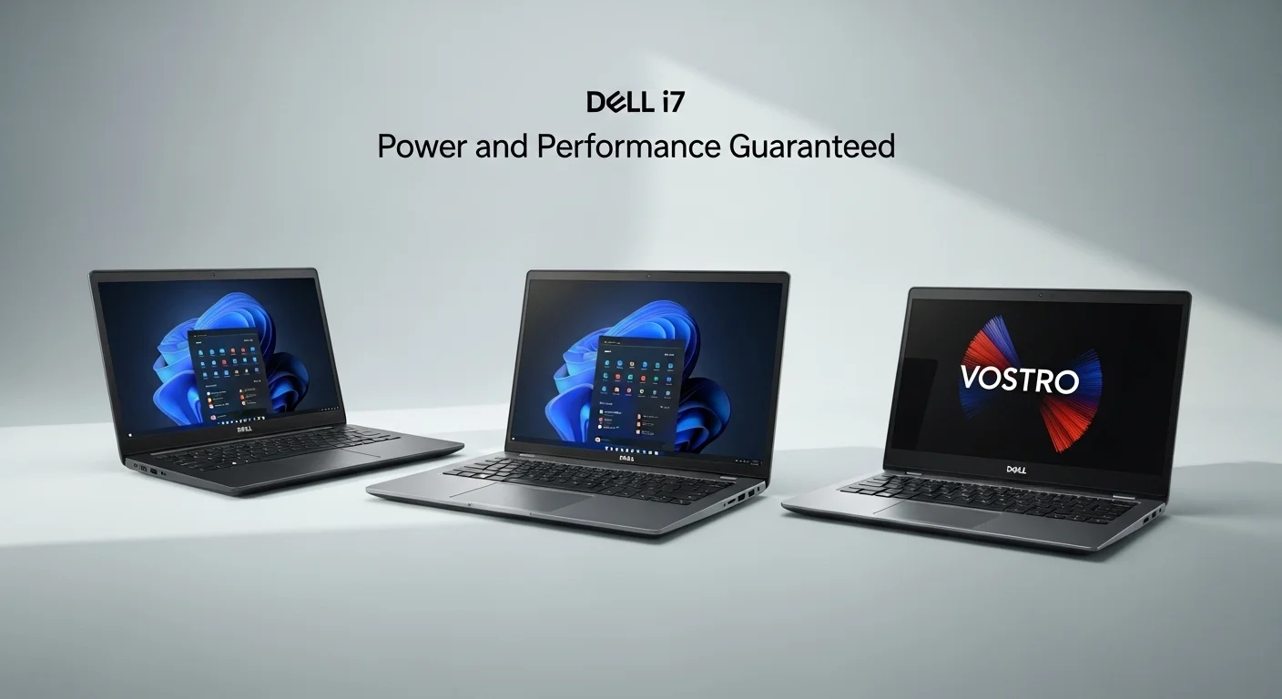 Una composición de varias computadoras Dell i7, mostrando un modelo Inspiron, un XPS y un Vostro para comparar sus diseños.