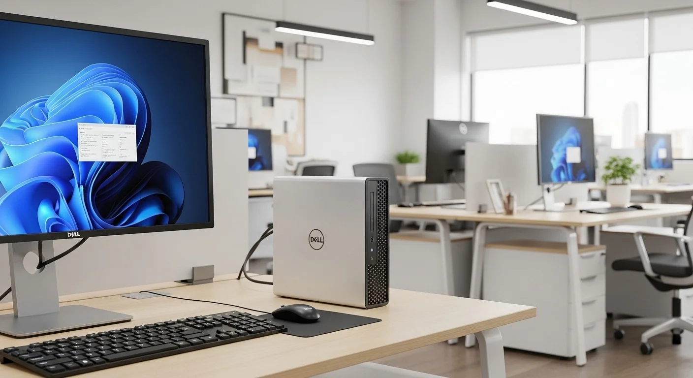 Una computadora Dell Mini OptiPlex mostrada en un moderno entorno de oficina junto a un monitor y teclado, destacando su diseño compacto.