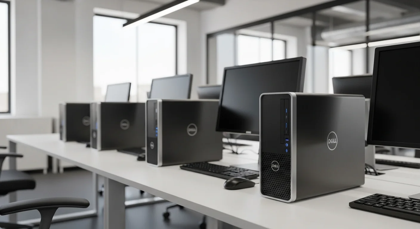 Fila de computadoras Dell Sff Optiplex en un entorno de oficina moderno, mostrando su diseño compacto y profesional.