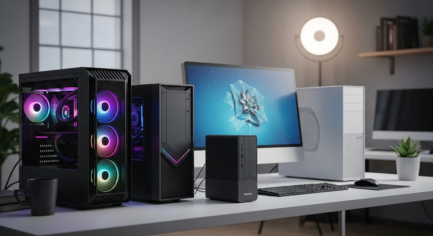 Variedad de computadoras desktop modernas, incluyendo una gamer desktop con luces RGB, una elegante computadora de oficina y una compacta desktop mini sobre un escritorio.