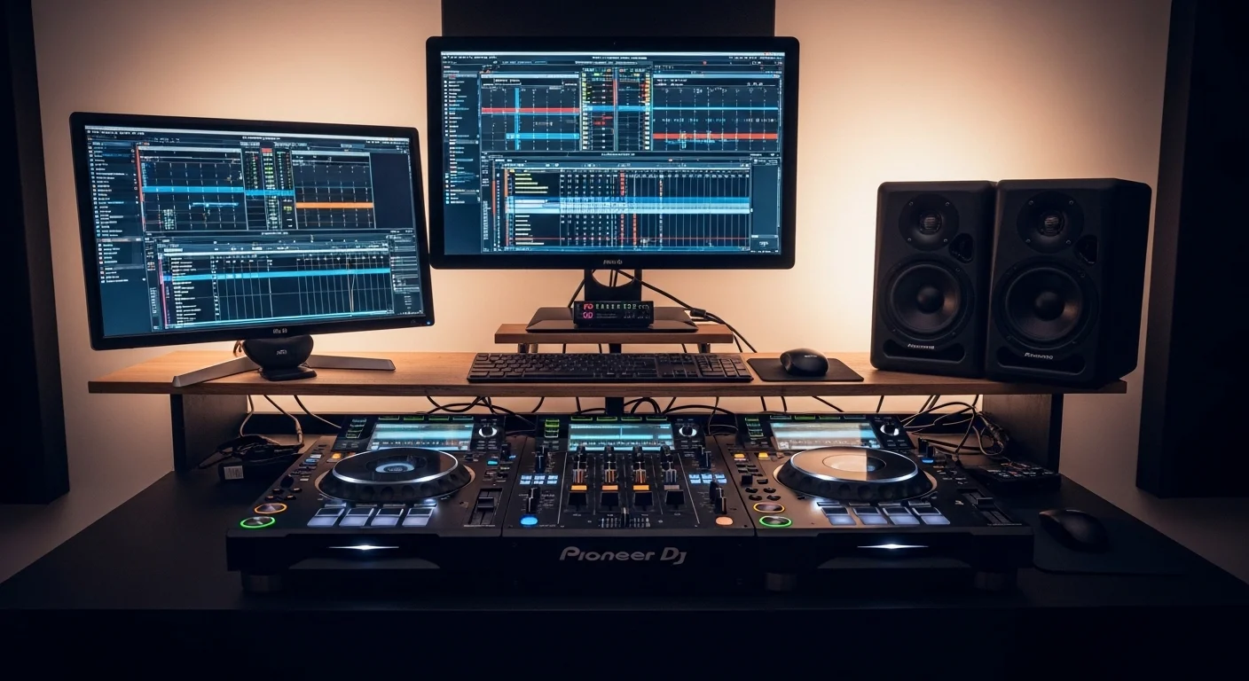 Setup de DJ profesional con computadoras, un controlador Pioneer DJ y altavoces de estudio en una cabina con iluminación ambiental.
