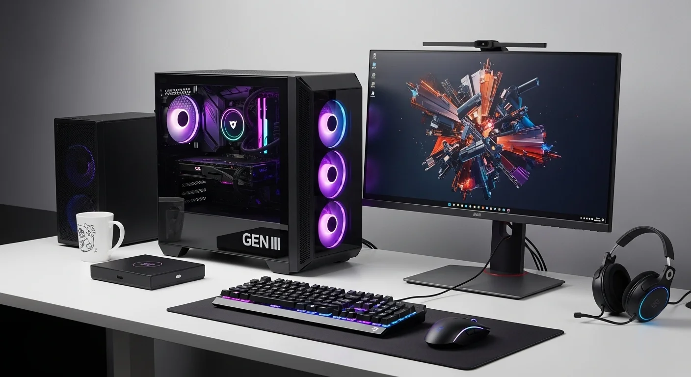 Un escritorio moderno que muestra varias computadoras y accesorios tecnológicos de la generación III, incluyendo un ratón para gaming y un monitor profesional.