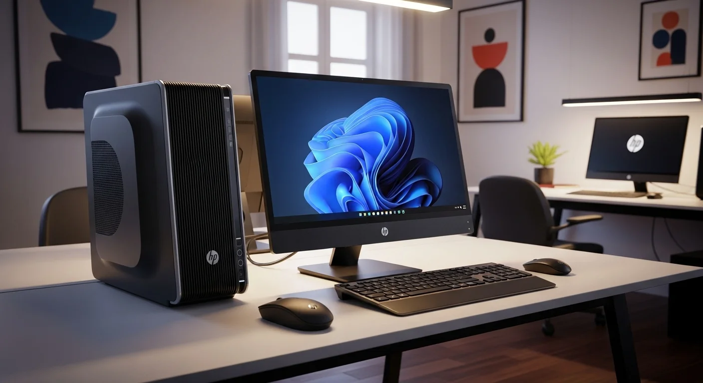 Escritorio moderno con computadoras HP, un mouse inalámbrico hp y un teclado inalámbrico hp en un entorno de oficina limpio y luminoso